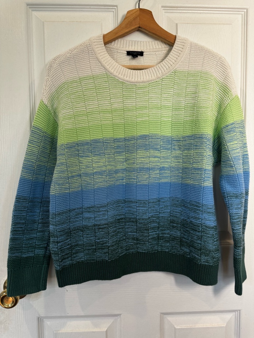 Talbots Petite Cotton Ombre Sweater Green Blue Colorblock Textured Knit LP